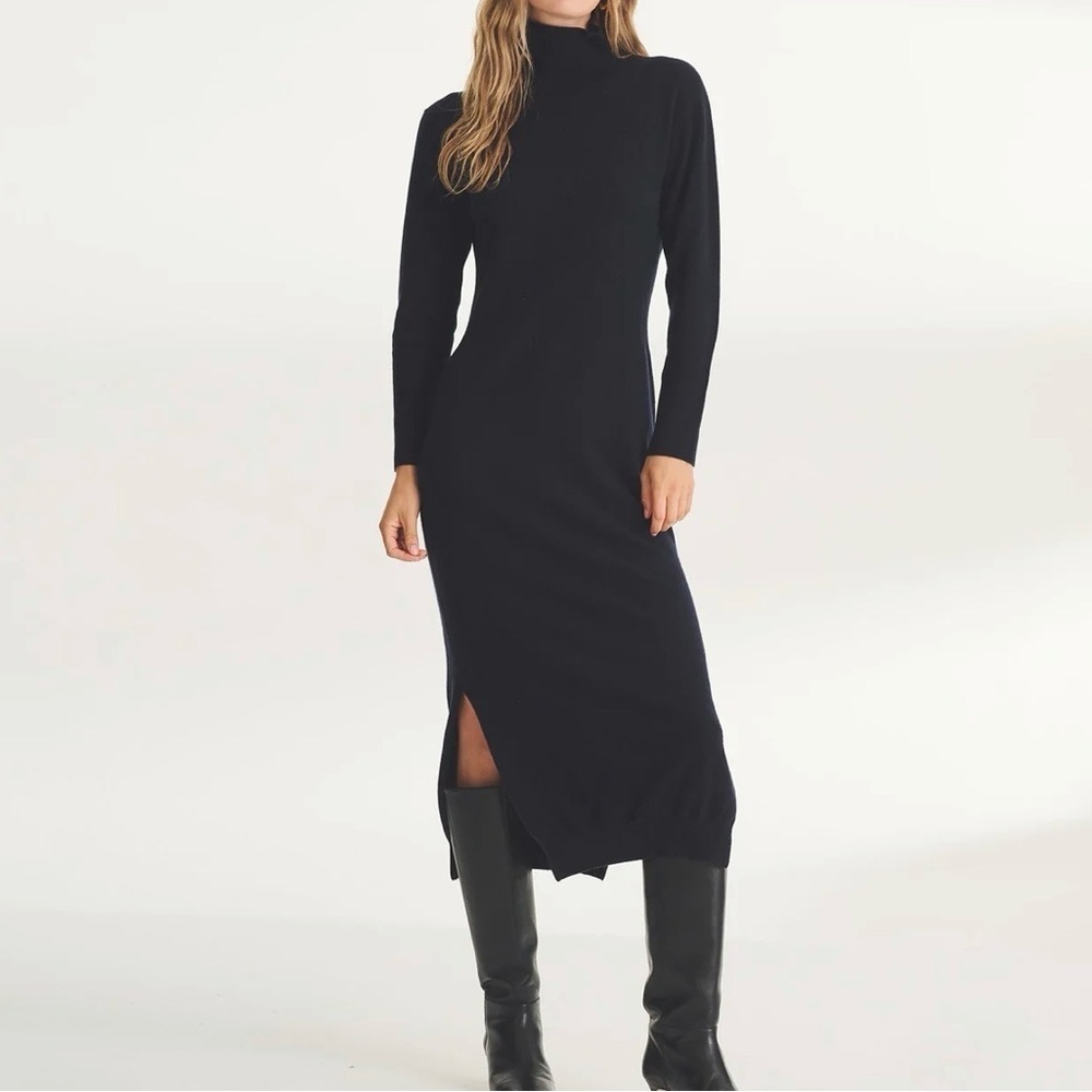 Naadam Black Cashmere Turtleneck Side Slit Sweater Dress